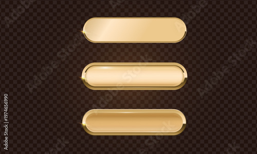 Gold button frame and glass 3d badge, Rectangular with rounded corners golden button icon on dark background, Premium signboard for web UI design.