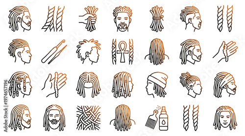 Dreadlocks Icons set in linear style. A collection of hair care linear icons, including locs, braids, styling tools, spray, comb, beads, ankh, men hairstyles, and more. Editable stroke.