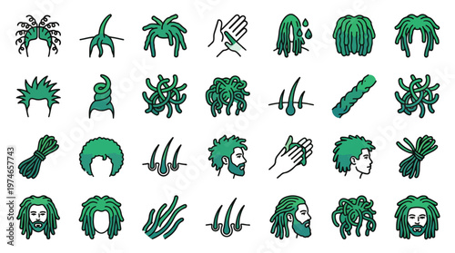 Dreadlocks and Hair Care Icon Set in linear style. A collection of hair maintenance linear icons, including afro, braids, follicles, shampoo, man, beard, washing, grooming