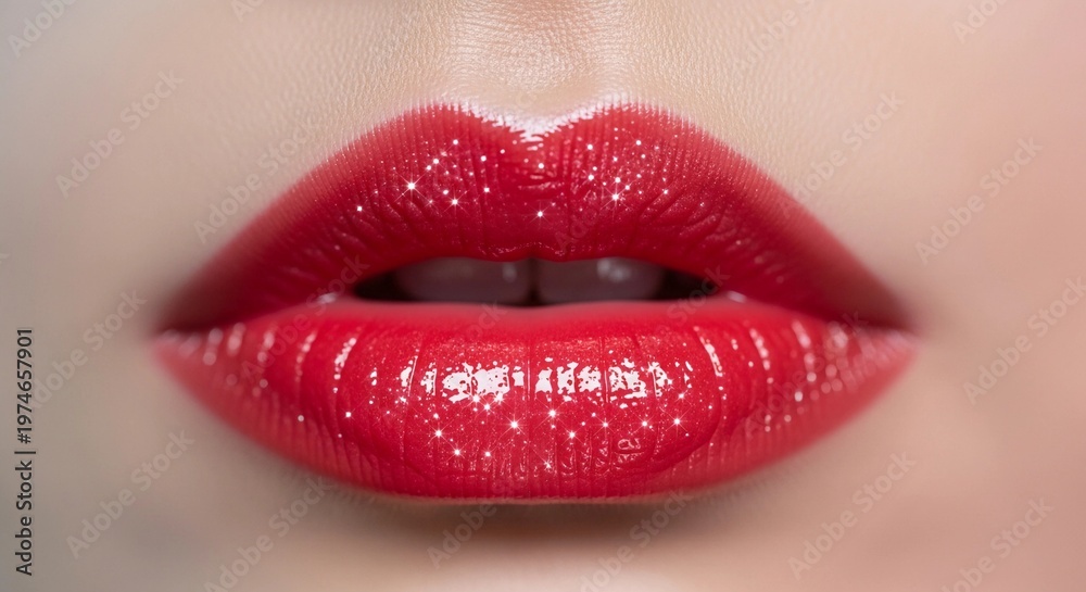 Obraz premium Glossy red lips close up, beauty makeup concept, sensual cosmetic look