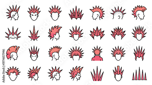 Punk Mohawk Hair Icons in Linear Style. A collection of punk subculture icons, including liberty spikes, mohican, rebel, hair fashion, head profile, youth, styling and more. Editable stroke.