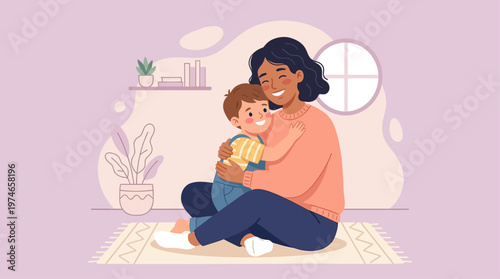 This heartfelt flat design vector illustration beautifully depicts a loving single mother embracing her child, highlighting the unique bond and dedication of single-parent families. 