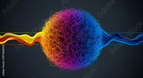 A sphere of vibrant, intricately tangled lines merges with colorful wavy ribbons flowing from opposite sides, symbolizing complex data interaction and information flow.