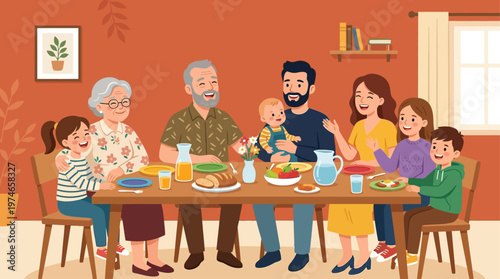 This joyous flat design vector illustration showcases a happy multigenerational family, including grandparents, parents, and children, celebrating togetherness and family bonds.