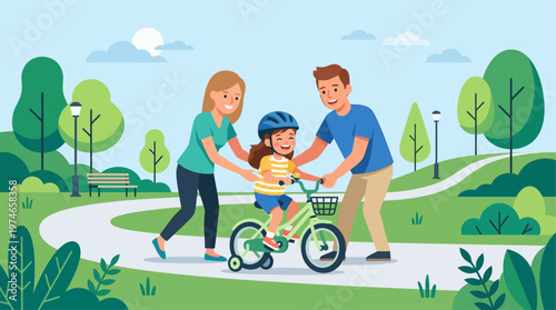 This cheerful flat design vector illustration captures parents patiently teaching their child to ride a bicycle in a minimalist park, symbolizing parental guidance and childhood milestones.