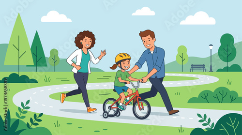 This cheerful flat design vector illustration captures parents patiently teaching their child to ride a bicycle in a minimalist park, symbolizing parental guidance and childhood milestones.