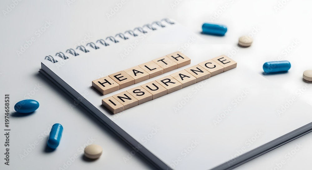 Fototapeta premium Health insurance concept wooden letters and a notebook on a white surface
