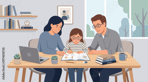 This illustrative flat design vector illustration shows parents patiently assisting their child with homework, emphasizing parental support in education and home learning.