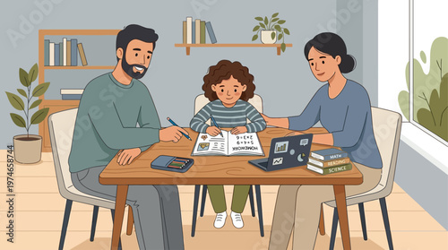 This illustrative flat design vector illustration shows parents patiently assisting their child with homework, emphasizing parental support in education and home learning.