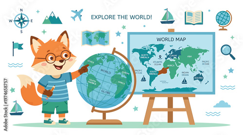 Cute Fox Character Teaching Geography with Globe and World Map