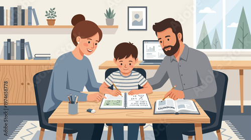 This illustrative flat design vector illustration shows parents patiently assisting their child with homework, emphasizing parental support in education and home learning.
