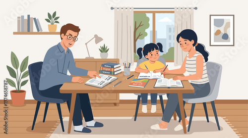 This illustrative flat design vector illustration shows parents patiently assisting their child with homework, emphasizing parental support in education and home learning.