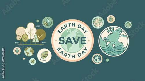 Earth Day illustration with a central Save Earth Day badge surrounded by leaves and planet graphics to promote environmental awareness and conservation.