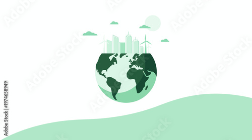 Eco-friendly global Earth concept with green continents, skyline silhouettes, and an abstract mint landscape for sustainability and environmental awareness