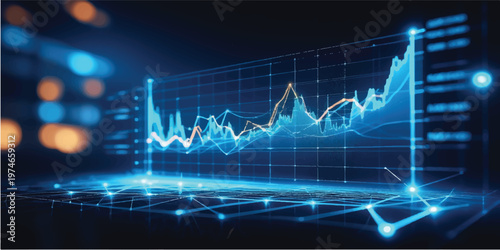 An abstract medical technology illustration featuring a blue ECG heart beat line on a monitor cardiogram chart to track a pulse wave for health or finance market business
