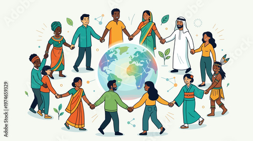 This empowering flat design vector illustration showcases a diverse group of parents from various cultures holding hands, symbolizing global unity, solidarity, and the universal bond of parenthood.