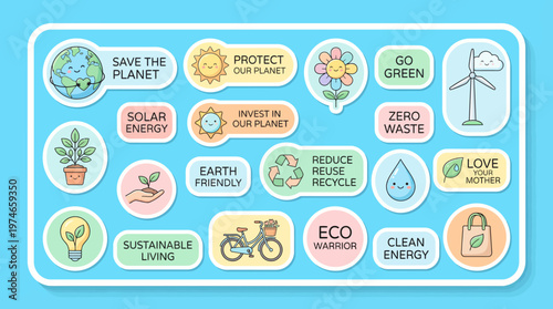 Pastel circular badges promoting sustainability, renewable energy, recycling, and eco-friendly living with messages like Save the Planet and Go Green.