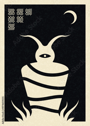 Mystical One-Eyed Horned Creature with Crescent Moon – Occult Vector Illustration.  Esoteric Horned Entity Wrapped in Bands Poster