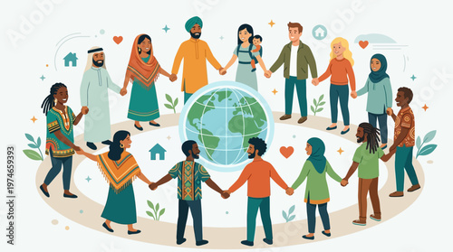 This empowering flat design vector illustration showcases a diverse group of parents from various cultures holding hands, symbolizing global unity, solidarity, and the universal bond of parenthood.