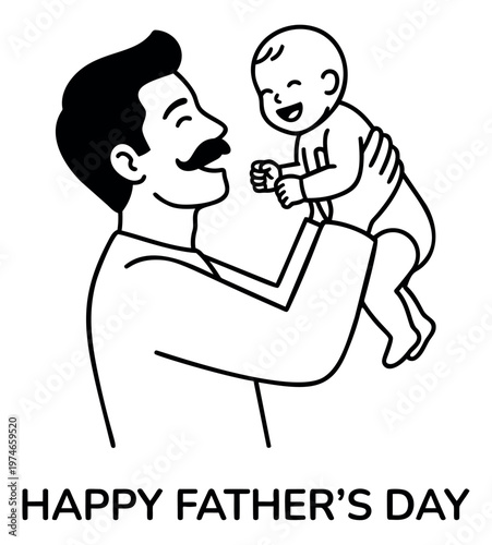 Cartoon illustration of father holding baby depicting loving parental bond for Father's Day greeting card design