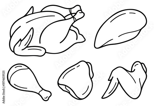 Outline icon set of 5 chicken meat cuts featuring whole bird, breast, drumstick, thigh and wing for food design