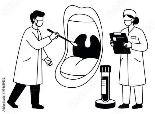 Outline illustration of throat examination depicting doctors performing oral swab test with test tube for medical design