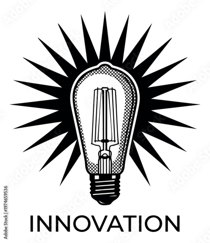 Engraving style illustration of a vintage Edison filament bulb depicting radiant light burst for innovation and technology design