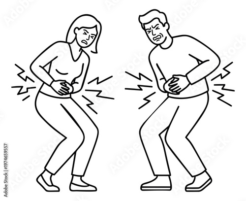 Outline illustration of man and woman depicting stomach pain and abdominal cramps for medical and healthcare design
