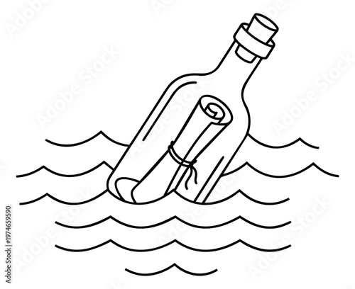 Line art illustration of message in a bottle depicting a rolled scroll floating on ocean waves for adventure and communication design