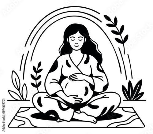 Outline illustration of pregnant woman depicting meditation pose with botanical elements for maternity and wellness design