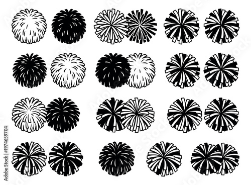 Flat icon set of 20 cheerleader pom poms featuring solid, outline and striped variations for sports and spirit design