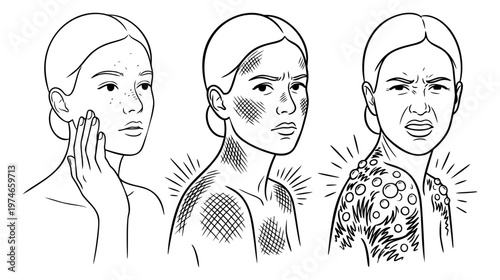 Outline illustration set of 3 skin condition progression stages depicting rash spreading and worsening symptoms for medical and dermatology design