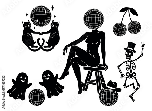 Silhouette clip art set of 8 retro groovy elements featuring disco ball, skeleton, ghosts, cats, pin up figure and cherries for party design