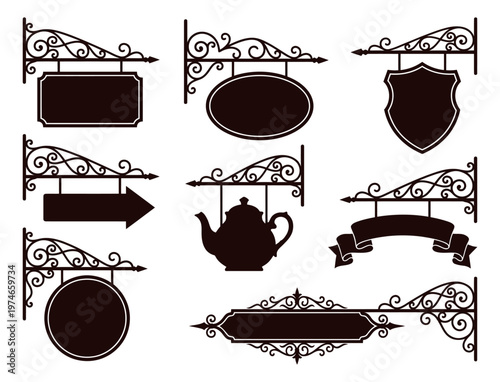 Silhouette set of 9 vintage hanging signs featuring ornate wrought iron brackets, frames and decorative elements for shop and cafe design