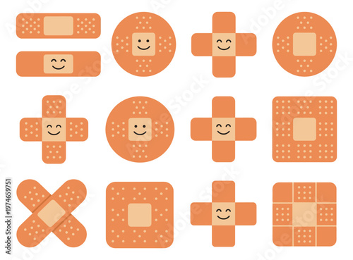 Flat icon set of 12 adhesive bandages featuring smiling cartoon plasters in various shapes for medical and healthcare design