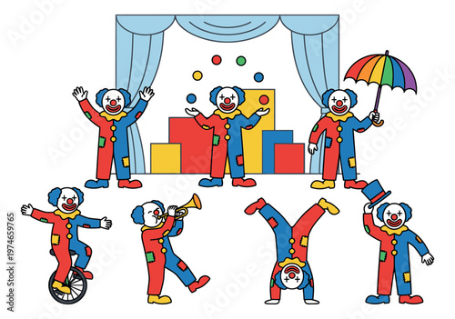 Cartoon set of 7 circus clown characters featuring juggling, unicycle, handstand and umbrella poses for entertainment design