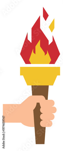 Flat illustration of hand holding Olympic torch depicting flame and fire for sports and competition design