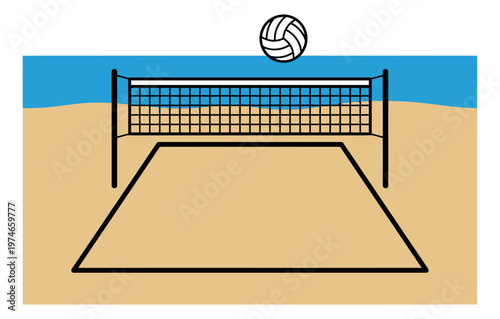 Flat illustration of a beach volleyball court depicting a sandy arena with net and ball for sports and recreation design