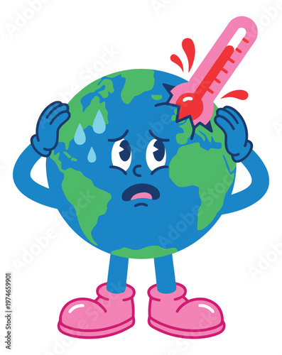 Cartoon illustration of planet earth character depicting global warming fever with thermometer for climate change awareness