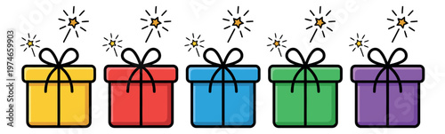 Cartoon icon set of 5 colorful gift boxes featuring sparklers and bows for birthday and celebration design
