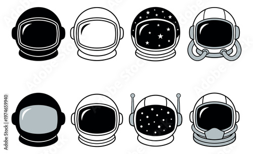 Outline icon set of 8 astronaut helmets featuring space suits visor and star designs for science and education