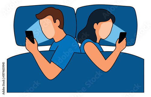Flat illustration of couple lying in bed depicting phone addiction and relationship disconnect for lifestyle and wellness design