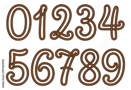 Rope style digit set of 10 featuring twisted cord numerals zero through nine for nautical and western design