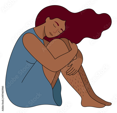 Flat illustration of a young woman depicting a contemplative seated pose with leg hair for body positivity and self acceptance design