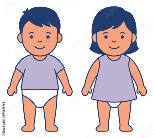 Cartoon illustration of two toddlers depicting a boy and girl in diapers and casual tops for childcare and parenting design