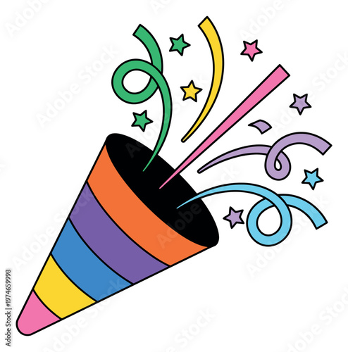 Cartoon illustration of a rainbow party popper depicting colorful confetti and streamers bursting for celebration design