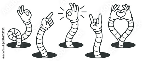 Cartoon icon set of 5 worm characters featuring hand gestures including ok sign, rock on, heart and pointer for fun design