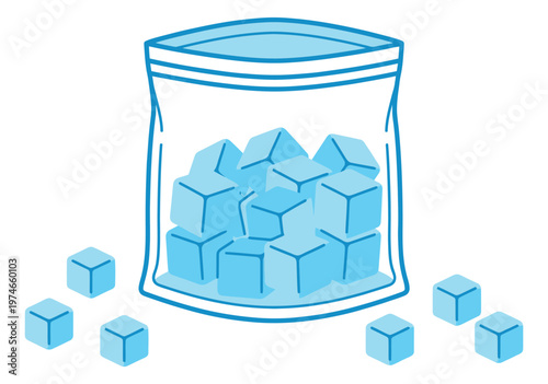Cartoon illustration of ice cubes in a ziplock bag depicting frozen storage with scattered cubes for food and beverage design