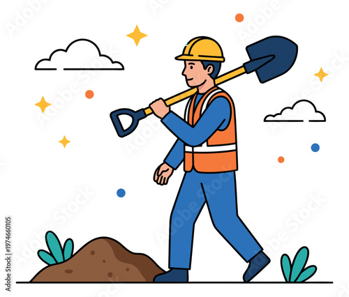 Flat cartoon illustration of a construction worker depicting a laborer carrying a shovel and walking for building and industry design