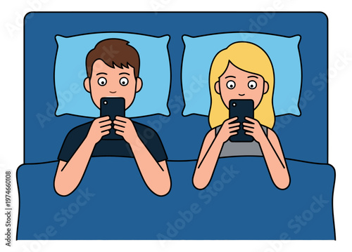 Cartoon illustration of a couple in bed depicting phone addiction and digital distraction for relationship and technology design